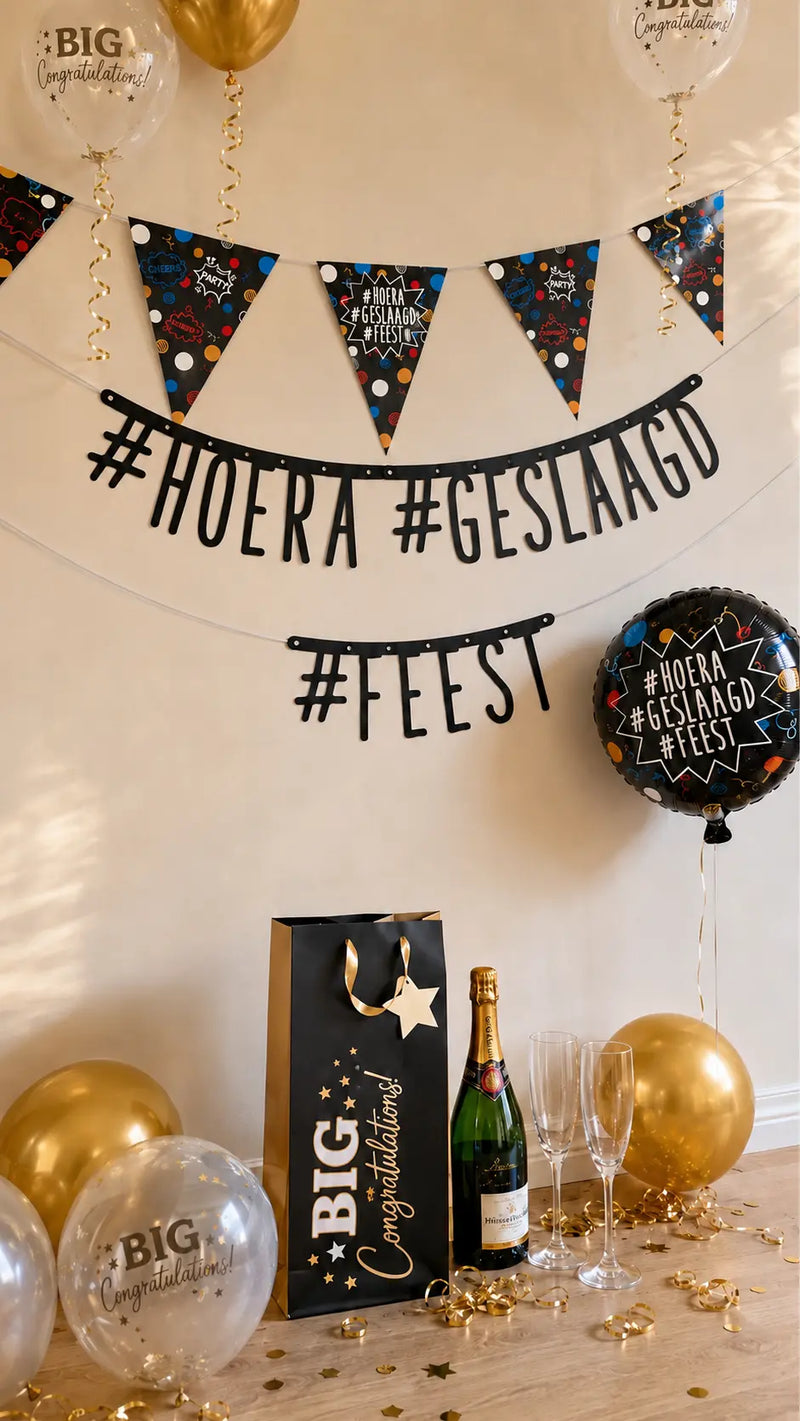 Geslaagd feest versieren met geslaagd slinger en ballonnen