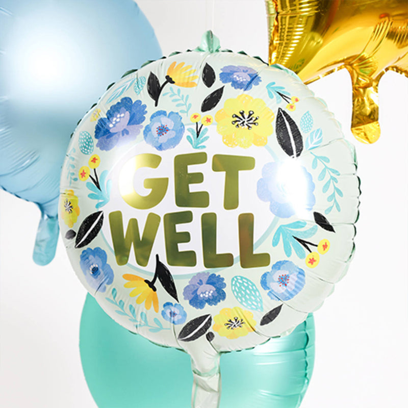 folie ballon met blauwe en gele bloemen erop en de tekst get well