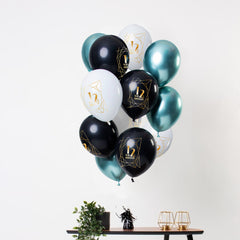 Ballonnenbundel met zwarte witte en gouden ballonnen en de tekst 12,5 years anniversary