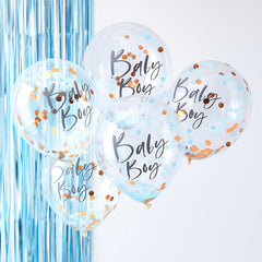 Vijf ballonnetjes met daarop baby boy gevuld met blauwe confetti