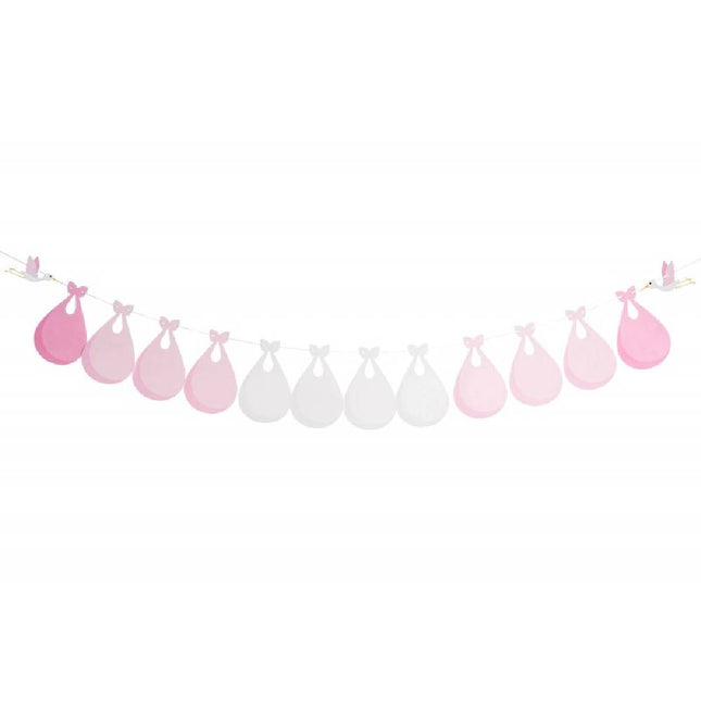 Slinger met twee ooievaars en roze en witte babydoeken