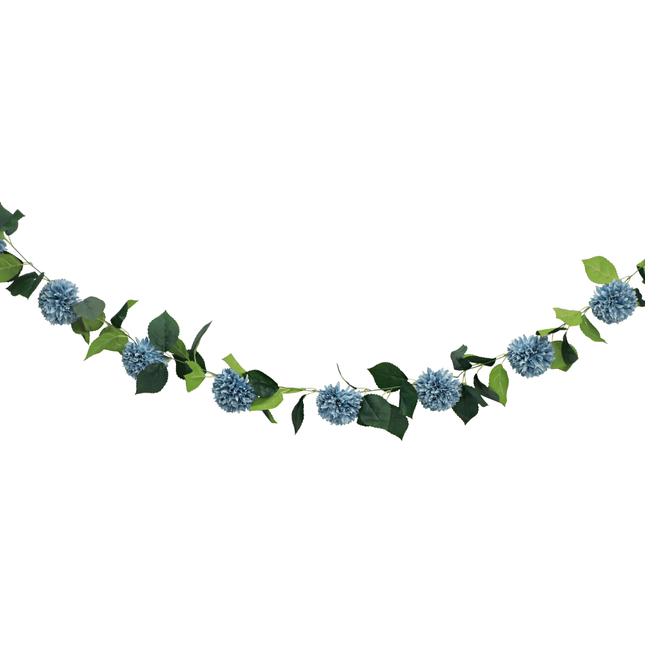 bloemslinger met blauwe dahlia's en groene bladeren
