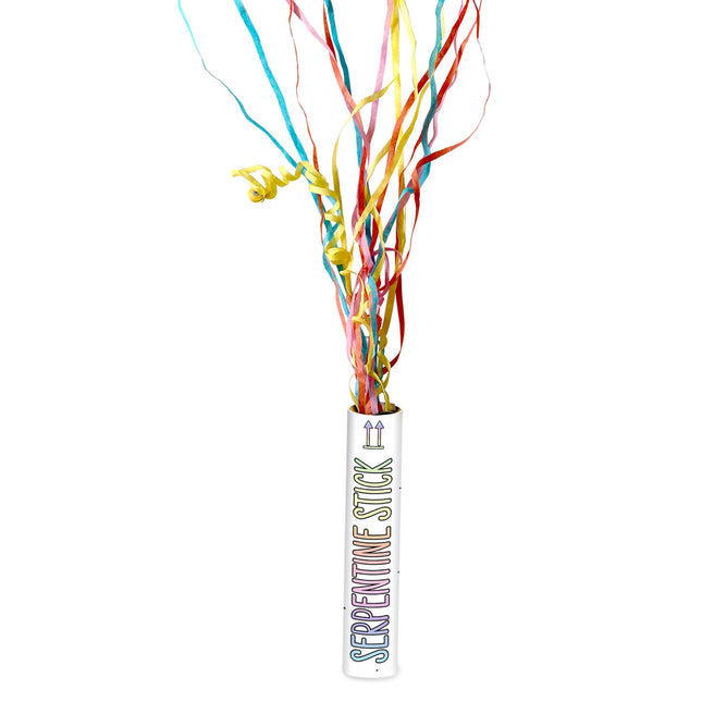 witte serpentine shooter met multicolor streamers
