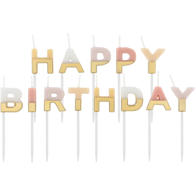 Kaarsjes in het goud en pastel met de tekst happy birthday
