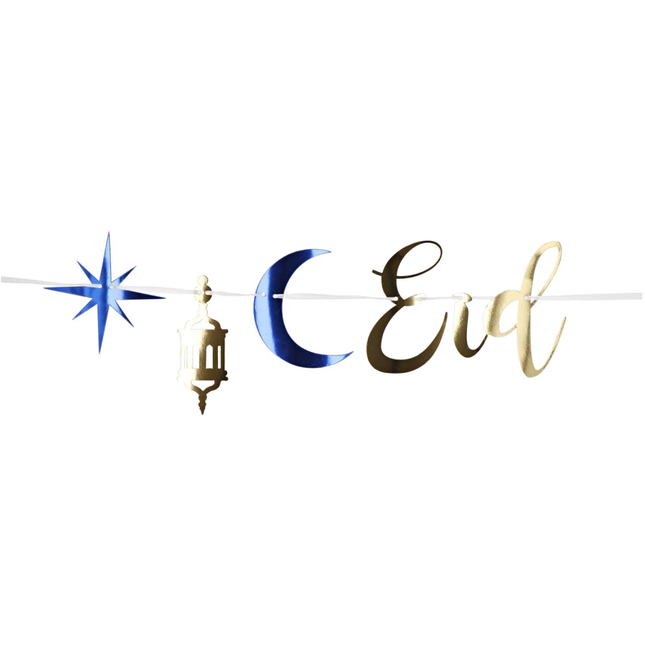 Slinger eid mubarak met gouden tekst en donker blauwe maan en sterren