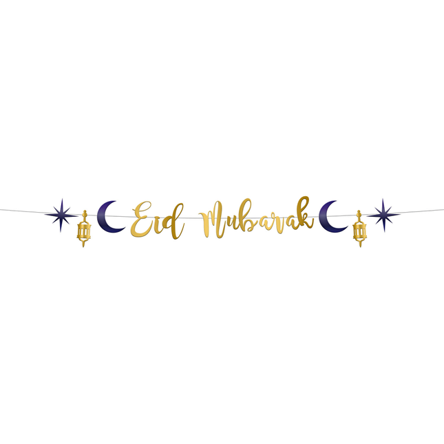 Slinger eid mubarak met gouden tekst en donker blauwe maan en sterren