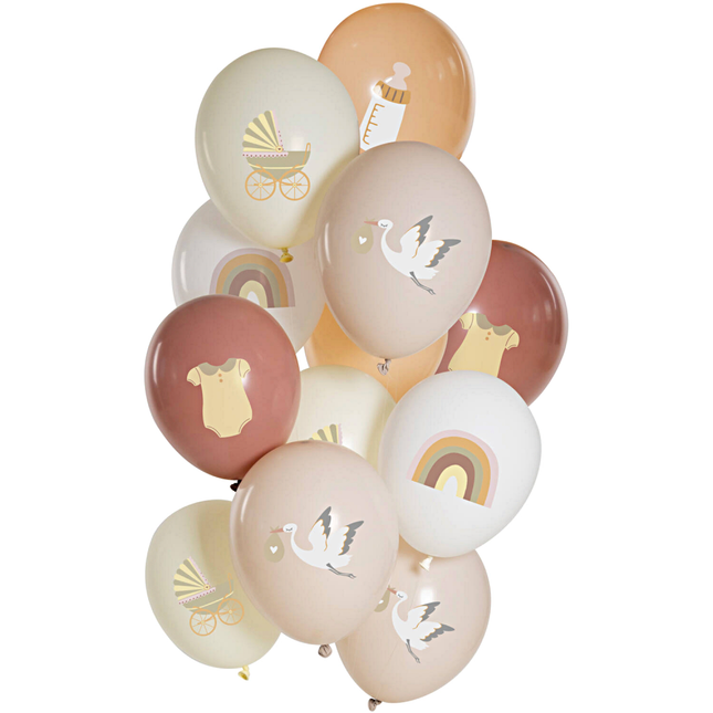 Set ballonnen voor een babyshower met een ooievaar, romper, flesje, regenboog en kinderwagen