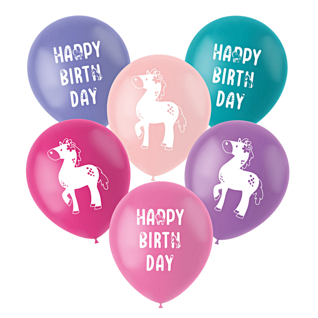 multicolor ballonnen met paarden en de tekst happy birthday