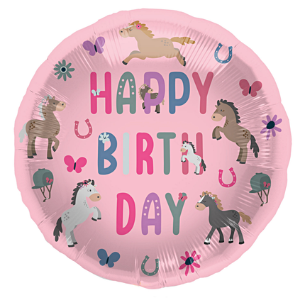 folieballon happy birthday met paarden, vlinders, bloemen en hoefijzers