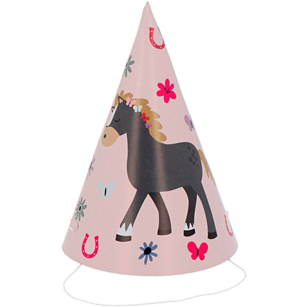 zachtroze feesthoedje met een grijs paard, bloemen en vlinders