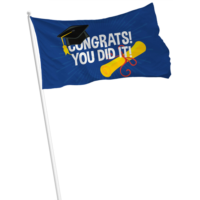donkerblauwe vlag met de tekst congrats you did it aan een witte vlaggenmast