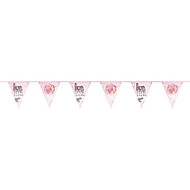 Roze en gouden slinger met safari thema voor een babyshower meisje