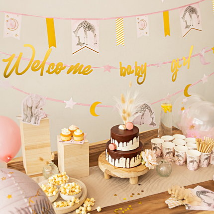 Gouden en roze versiering voor een babyshower met safari thema voor een meisje