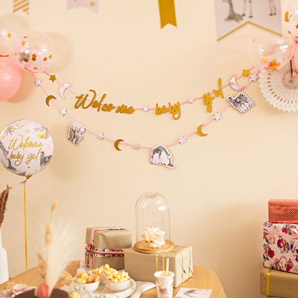 Roze en gouden versiering voor een babyshower voor een meisje