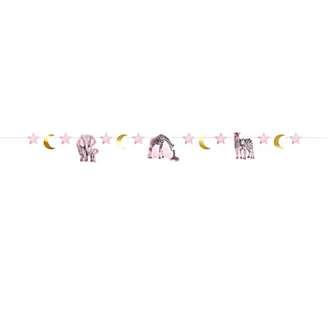 Slinger in het roze en goud met sterertjes en maantjes en jungle dieren erop voor een babyshower