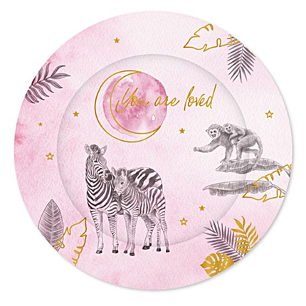 Roze bordje met zwarte en gouden bedrukking voor een safari babyshower