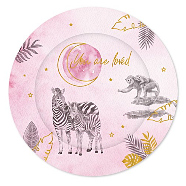 Roze bordje met zwarte en gouden bedrukking voor een safari babyshower