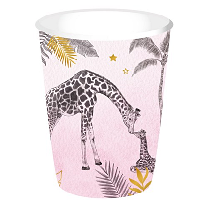 Roze beker met zwarte en gouden opdruk met jungle dieren en palm bladeren