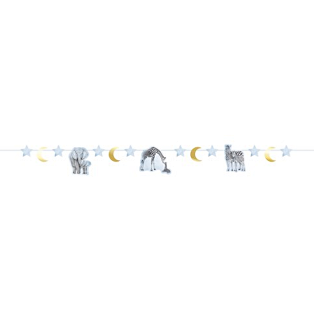 Slinger met jungle dieren in het blauw en goud voor een safari babyshower