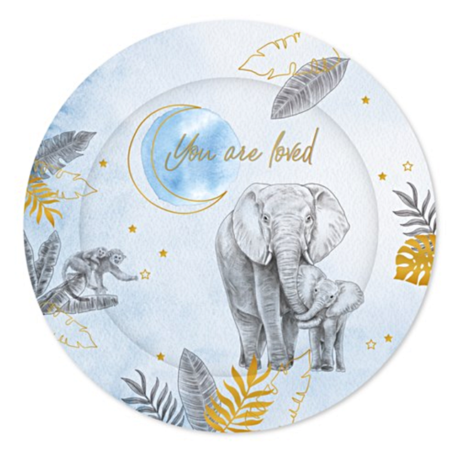 Bordjes voor een babyshower met jungle dieren en palm bladeren in het blauw en goud