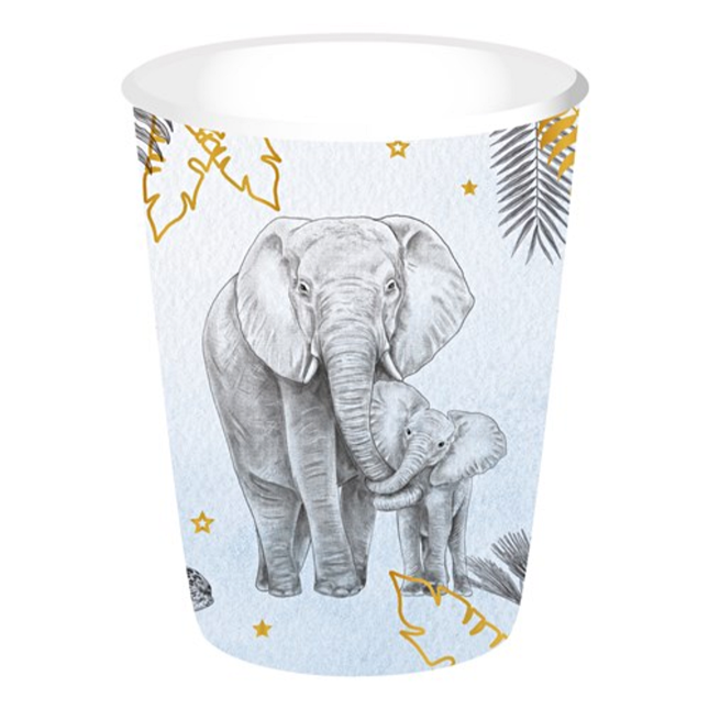 Papieren bekers in het blauw en goud voor een babyshower met safari thema