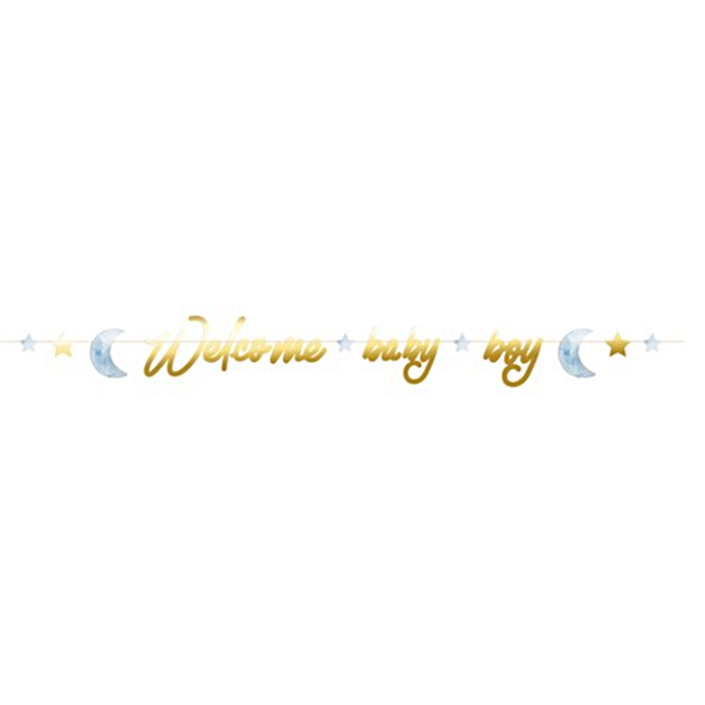 Gouden letterbanner met blauwe sterren en halve manen