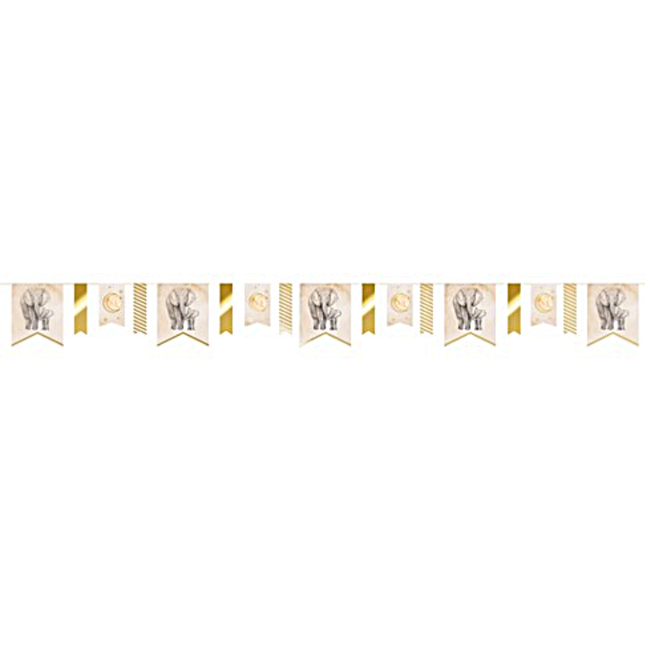 Goud met nude slinger voor een gender neutrale babyshower met safari thema