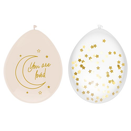 Nude ballon met gouden tekst you are loved en transparante ballon met gouden en beige confetti in de vorm van sterretjes