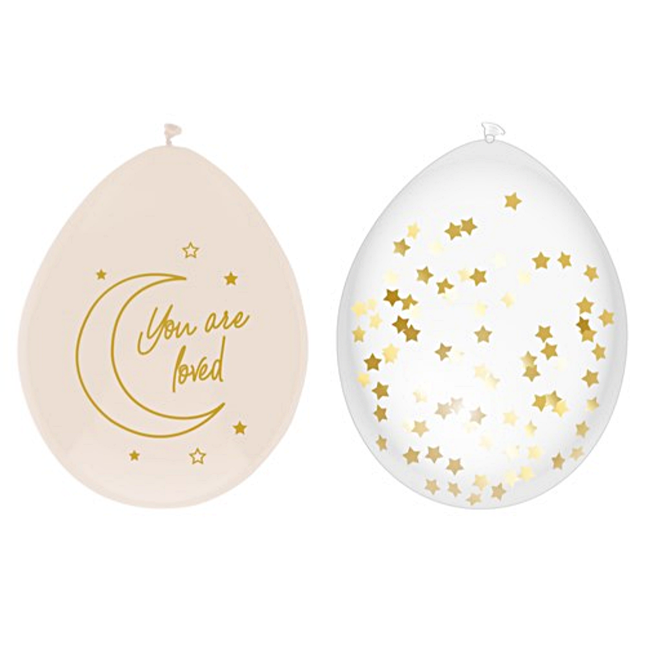 Nude ballon met gouden tekst you are loved en transparante ballon met gouden en beige confetti in de vorm van sterretjes