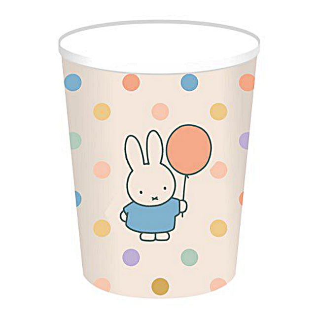 Beker met stippen in pastel tinten en een nijntje die een ballon vasthoud met een blauw shirtje aan