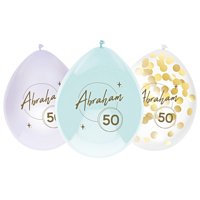 ballonnen in het mintgroen en lila en met gouden confetti en de tekst abraham 50