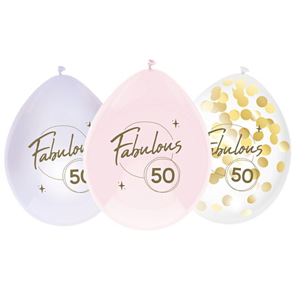 Ballonnen in het lila en licht roze met gouden confetti en de tekst fabulous 50