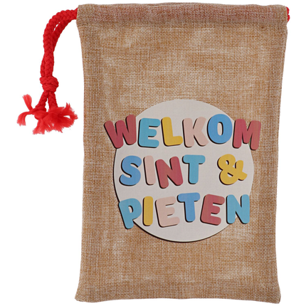 jute zak met de tekt welkom sint en piet