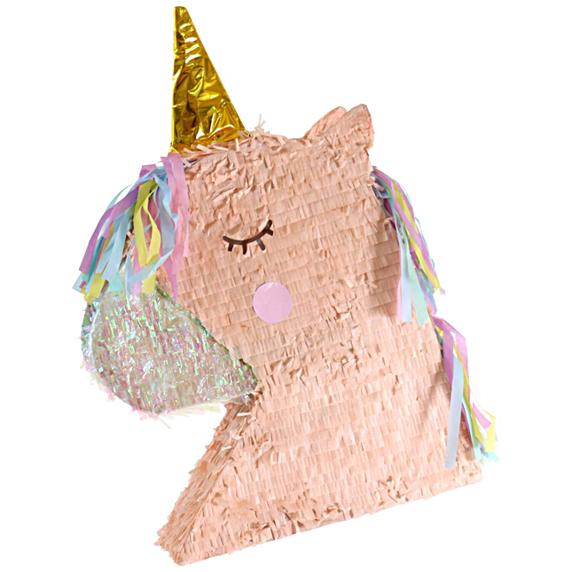 Pinata in de vorm van een roze eenhoorn met gouden hoorn en iridescent effect