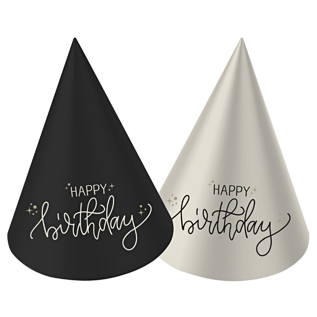 zwart met witte verjaardagshoedjes met de tekst happy birthday