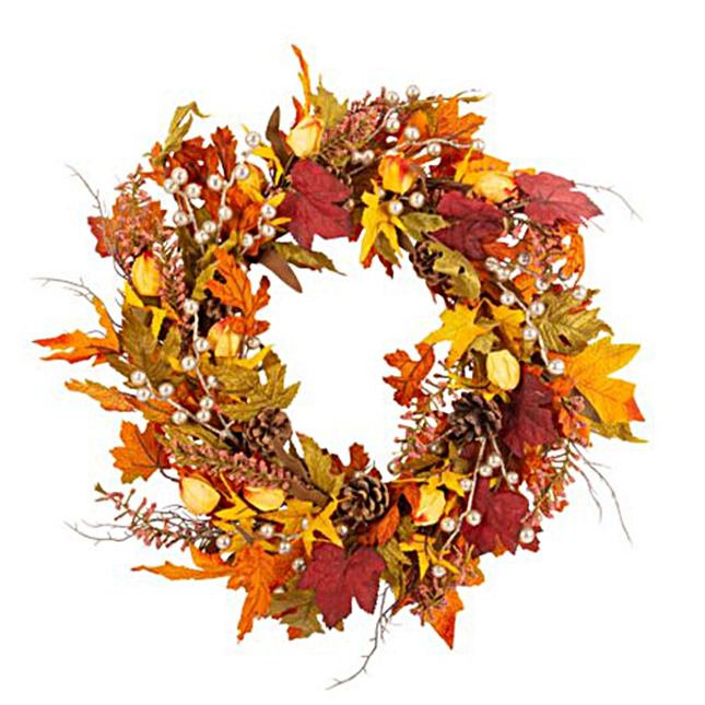 herfstkrans met gekleurde bladeren en glitter details