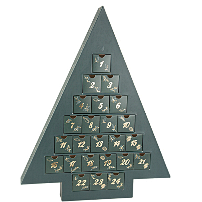 donkergroene advent kalender in de vorm van een kerstboom