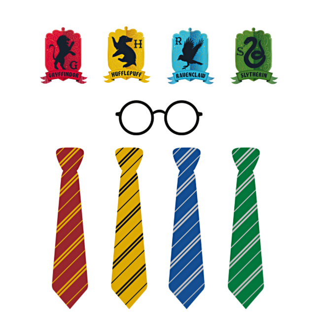 Photo booth props harry potter met stropdassen, wapenschilden en harry potter brilletjes