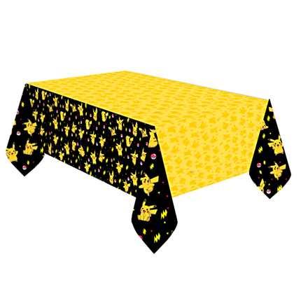 Tafelkleed geel en zwart met Pikachu erop en pokeballs