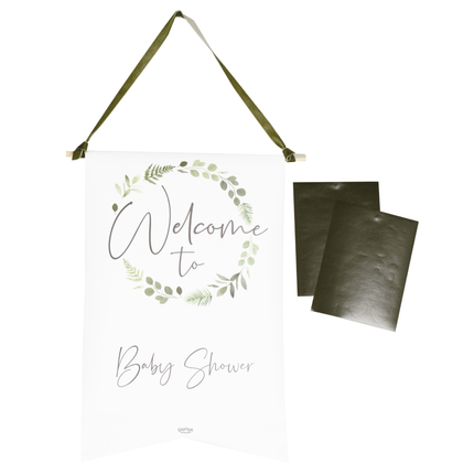 Wit met groen welkomstbord voor een babyshower en groene stickervellen