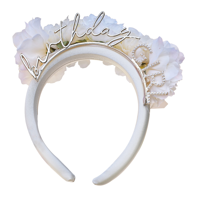 Witte haarband met rozen en de tekst birthday girl in het goud met parels