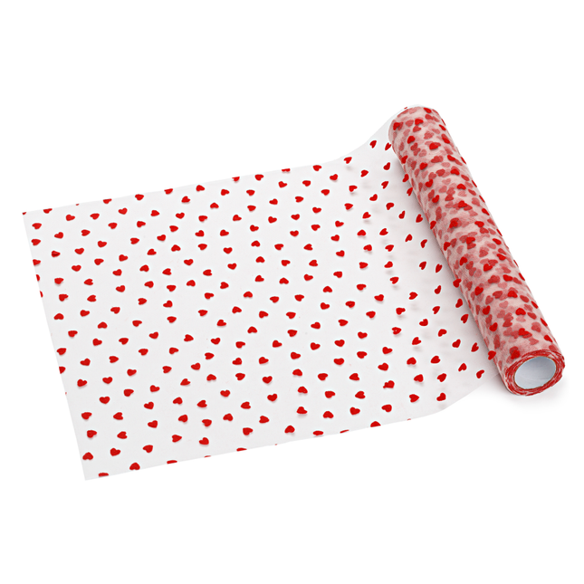 Tulle Table Runner Hearts, Red, 0.36 x 9 m