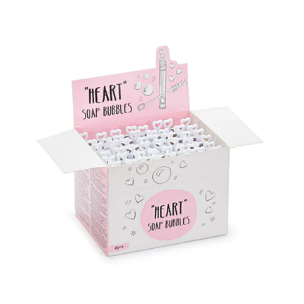 Roze en wit doosje met potjes bellenblaas met hartjes