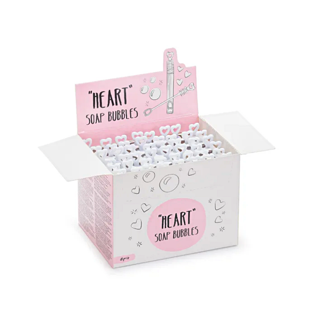 Roze en wit doosje met potjes bellenblaas met hartjes