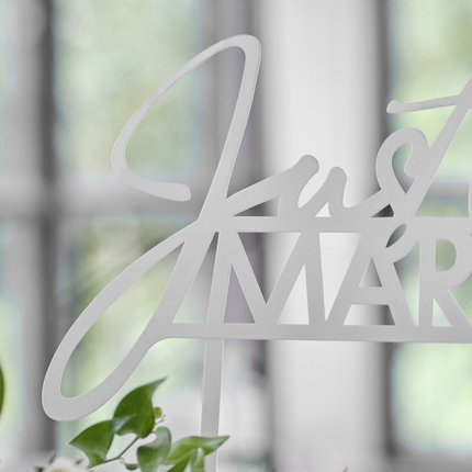 Metalen bord met de tekst just married staat achter een plant en voor een raam met zwarte kozijnen