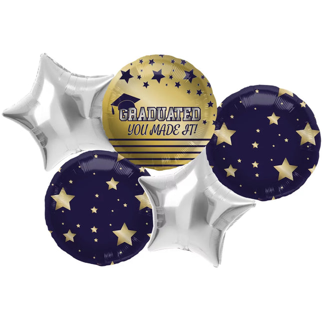 set folieballonnen in het donkerblauw, goud en zilver met sterren en de tekst graduated, you made it!