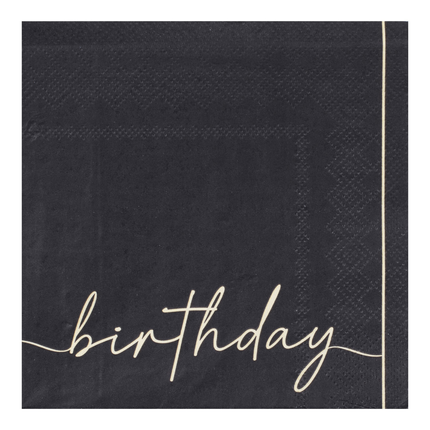 chique zwart servet met birthday erop