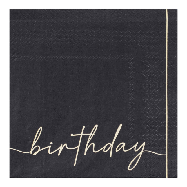 chique zwart servet met birthday erop