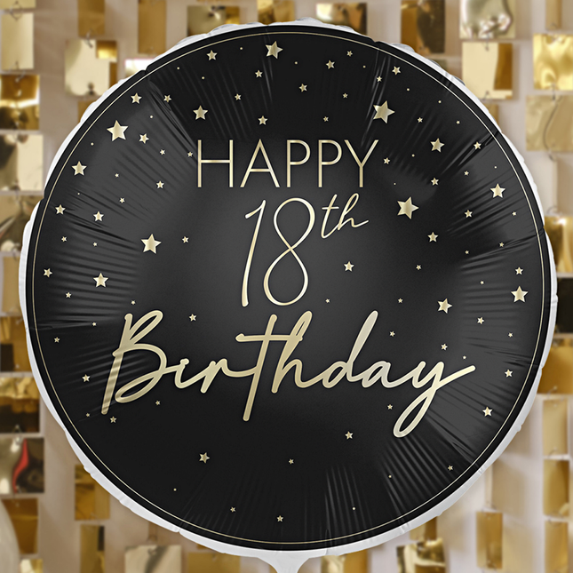 ronde zwrte folieballon met gouden sterren en tekst happy 18th birthday