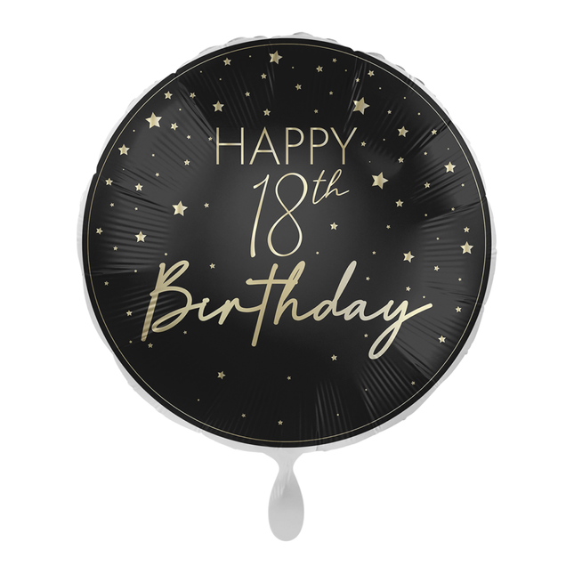 ronde zwrte folieballon met gouden sterren en tekst happy 18th birthday